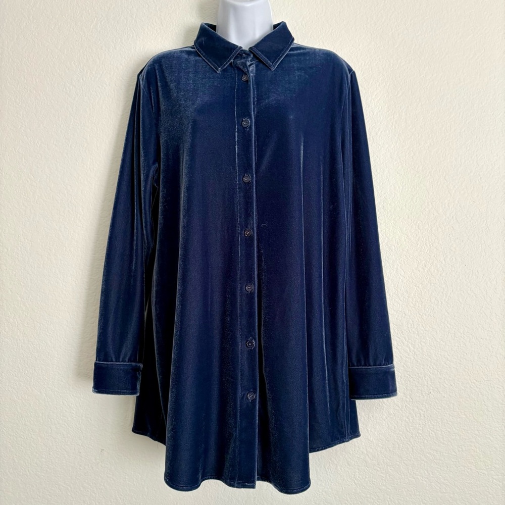 Soft Surroundings Button Front Long Sleeve‎ Velvet Tunic Top Blue Medium
